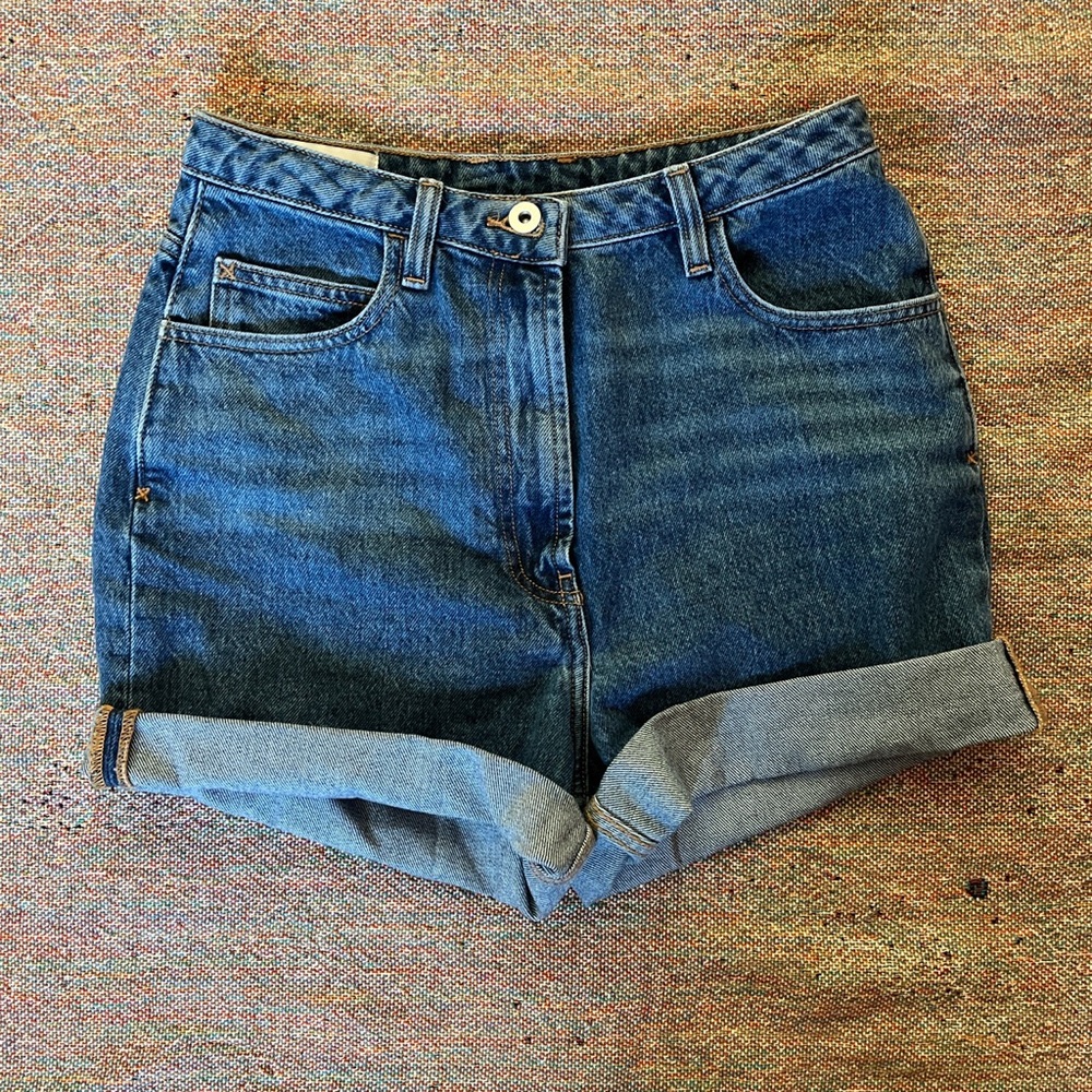 Collusion High Rise Denim Raw Hem Mom Shorts